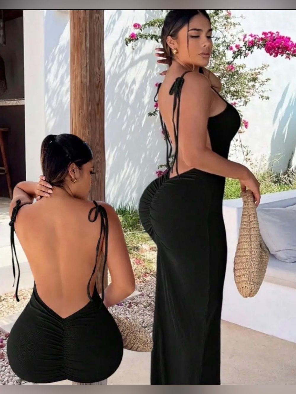 SHEIN Black Backless Ruched Bodycon Maxi Dress – XS